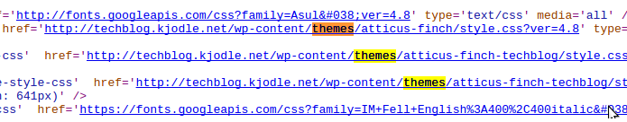 An example of WordPress source code showing the theme used.