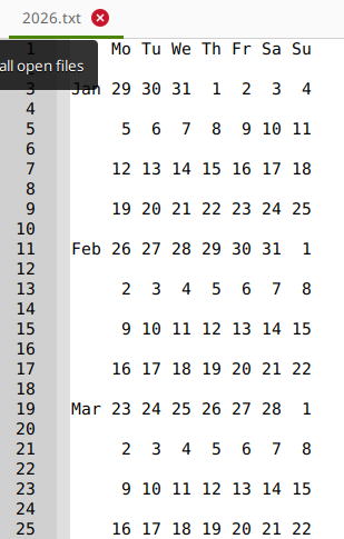 2026 calendar snippet with blank lines between rows.