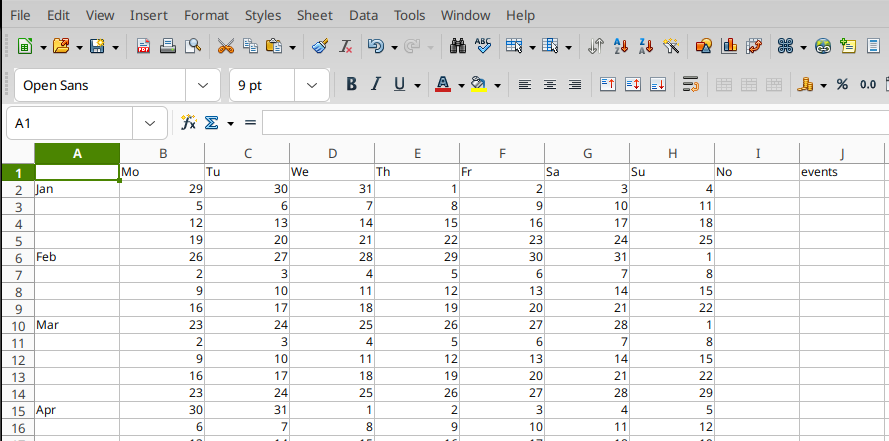 2026 calendar in LibreOffice Calc