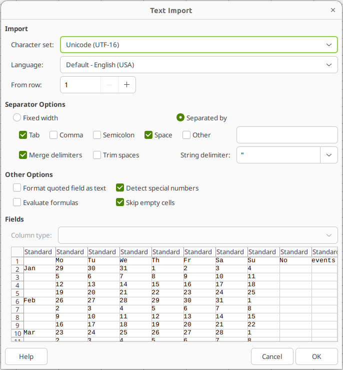 Text import options in LibreOffice Calc.
